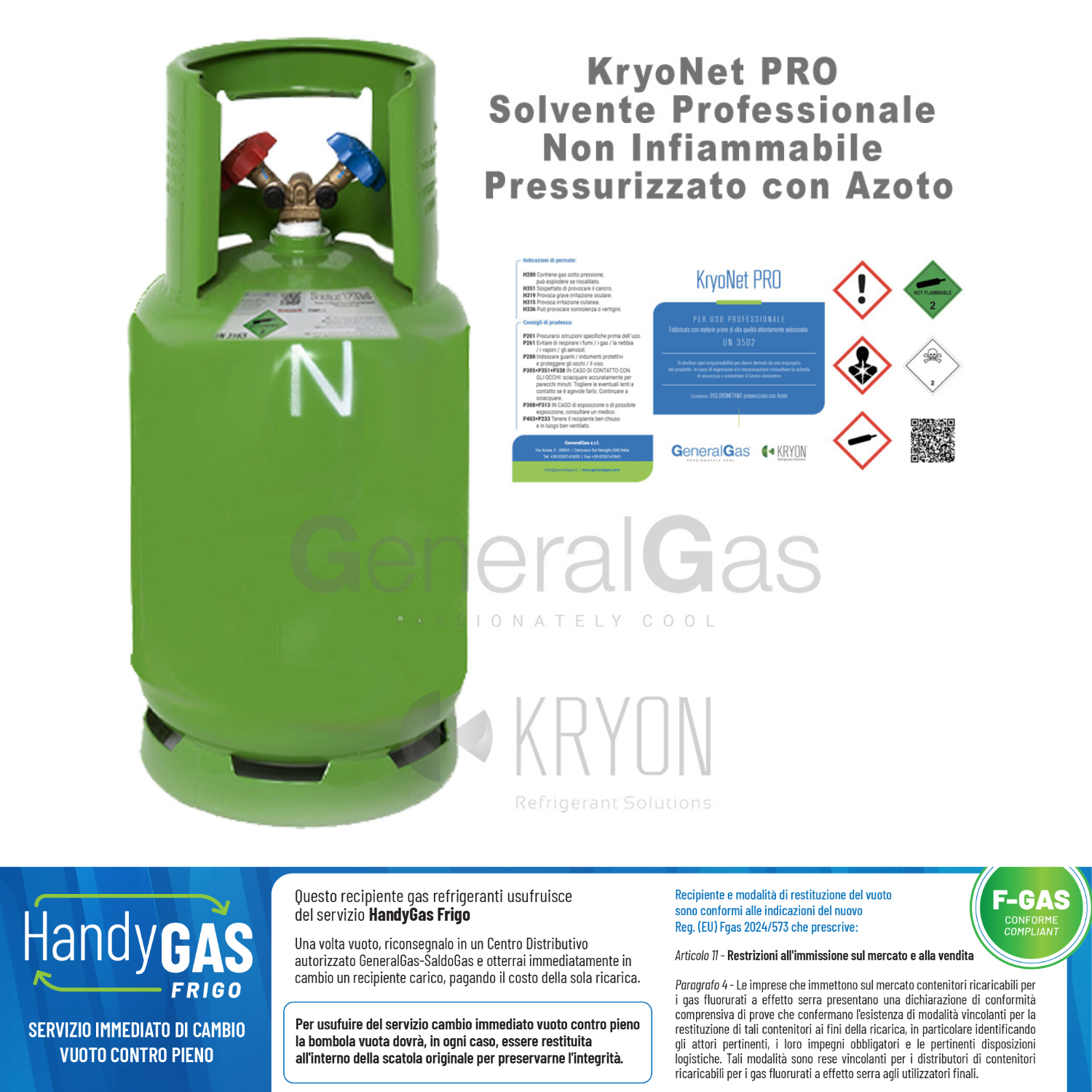 GK-Lab KryoNet PRO (bombola compresa) - Solvente Pressurizzato con Azoto, Uso Professionale a Elevato Livello di Evaporazione, Non Infiammabile, per Impianti A/C e Refrigerazione - Bombola ricaricabile da 13 litri/10 kg