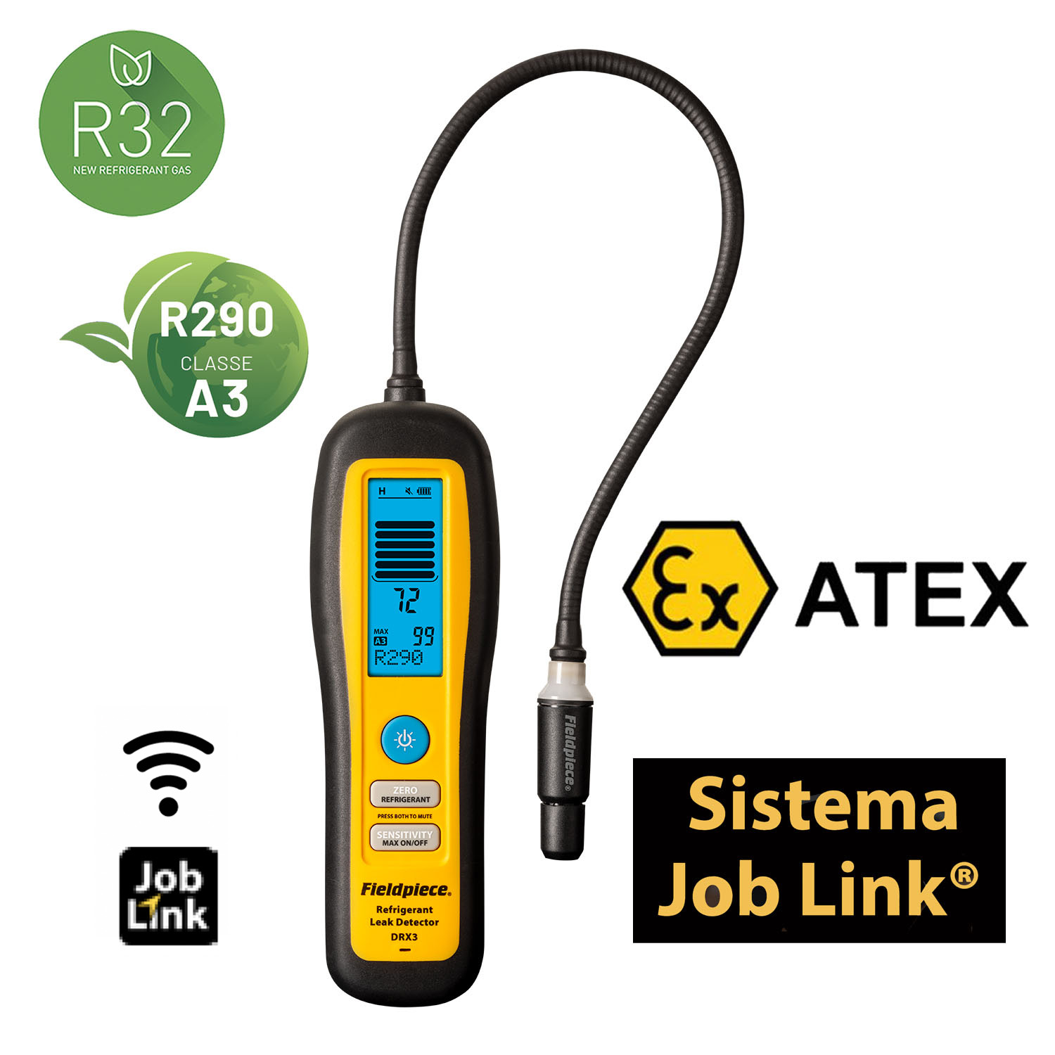 FieldPiece USA - DRX3 - Cercafughe portatile ATEX di perdite di refrigerante a diodo riscaldato con monitor LCD