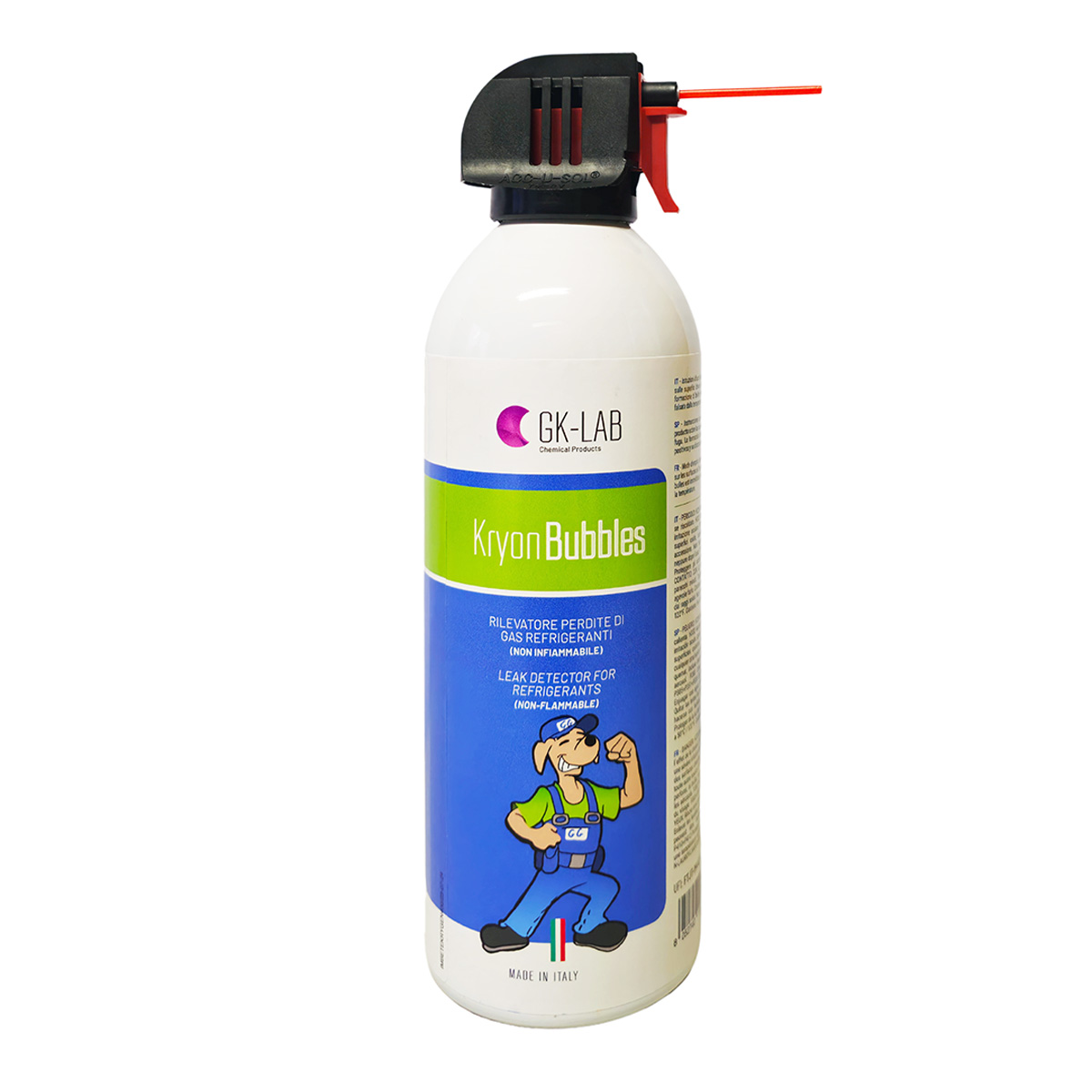 GK-Lab KryonBubbles - Cercafughe schiumogeno professionale non infiammabile per gas refrigeranti HFO, HFC, R290, R744 - in bomboletta spray alluminio da 400 ml - contenuto netto escluso propellente 300 ml.