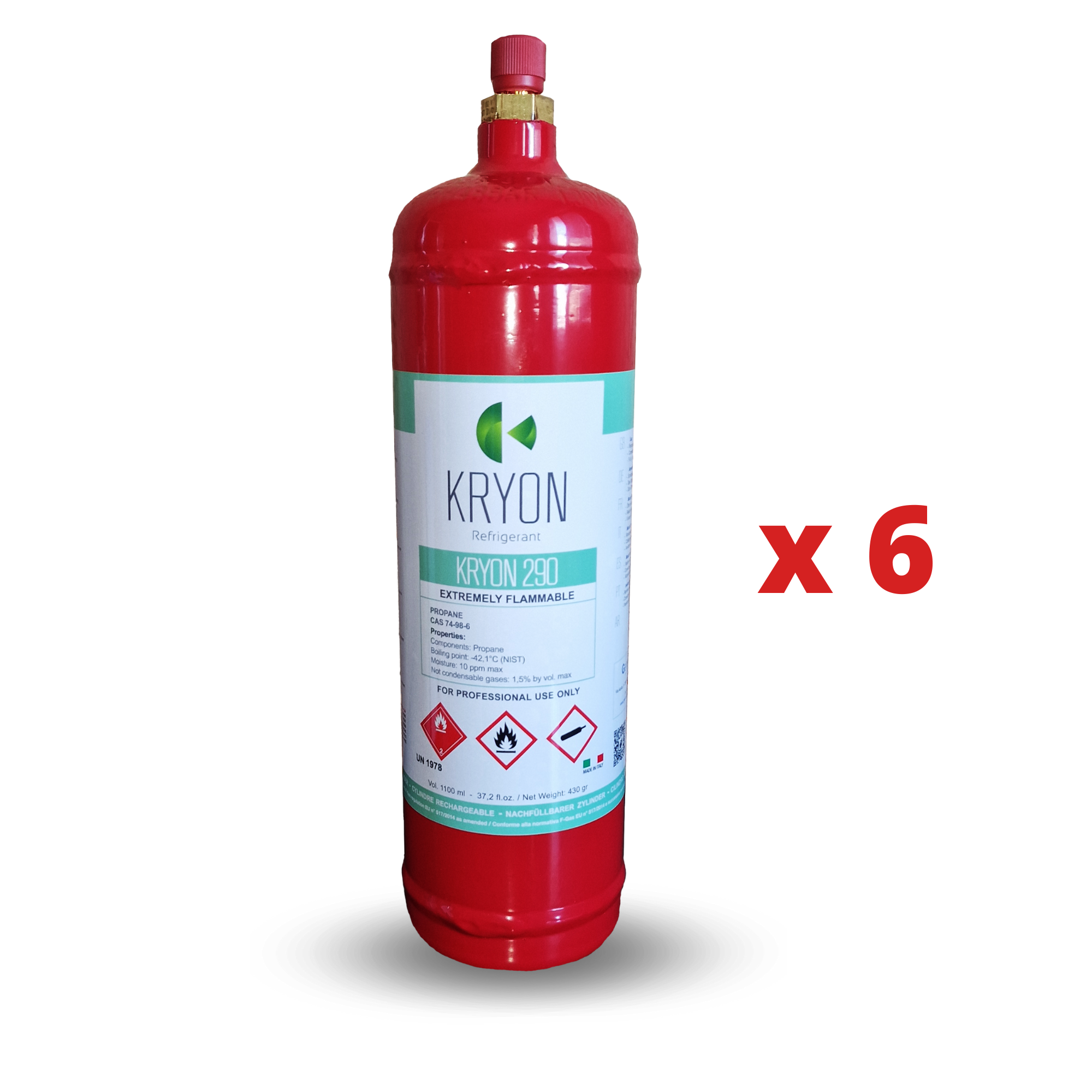 6 x Bombole KryoSmart di R290 - Grade 2,5-99,5% - 1Lt/430Gr - AC - valvola 1/2 ACME sinistro (accisa assolta)