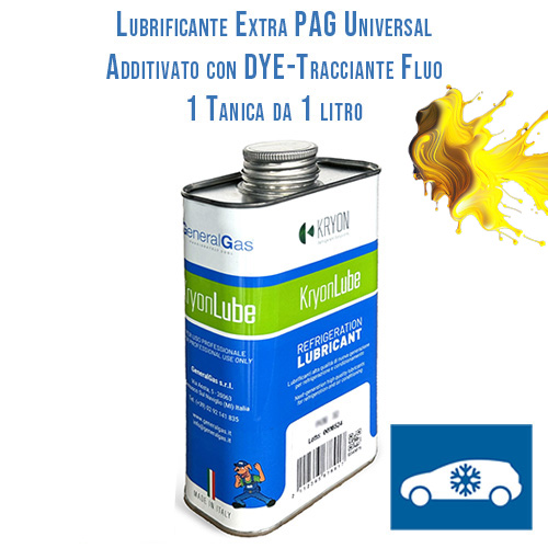 Lubrificante AUTO KryonLube EXTRA Universal PAG per R134a e R12434yf, additivato con tracciante fluorescente (dye) - tanica in metallo da 1 litro