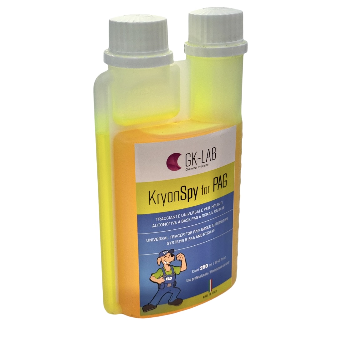 GK-Lab Tracciante Cercafughe Giallo Fluorescente UV Kryon SPY YELLOW per Olio PAG AUTO - Flacone da 250ml