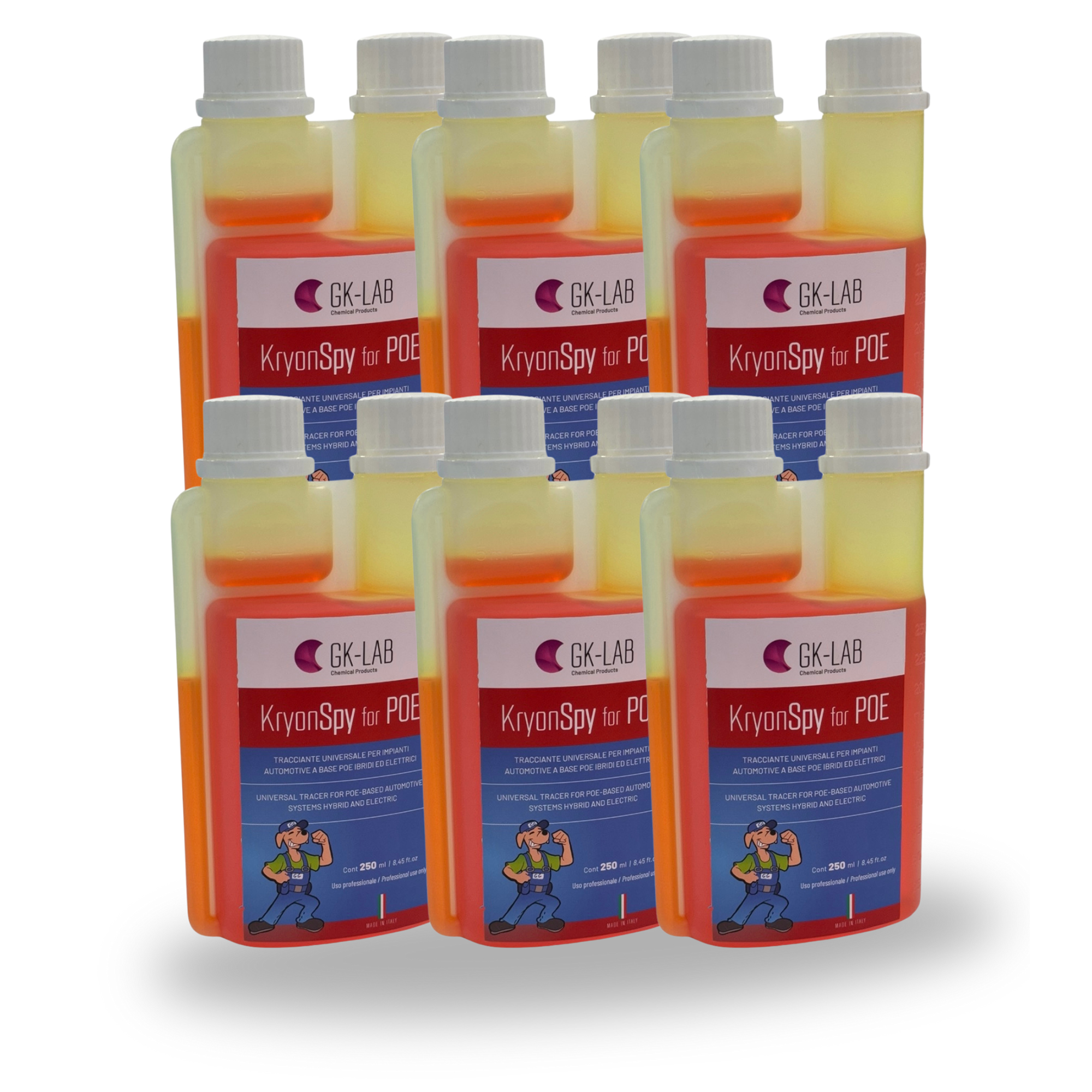 GK-Lab Tracciante Cercafughe Rosso Fluorescente UV Kryon SPY RED per Olio POE AUTO - 6 Flaconi da 250ml