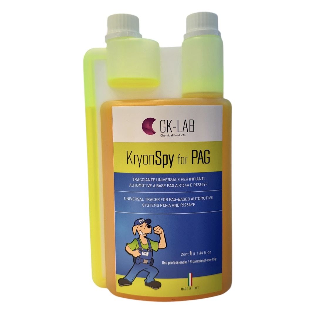 GK-Lab Tracciante Cercafughe Giallo Fluorescente UV Kryon SPY YELLOW per Olio PAG AUTO - Flacone da 1 litro