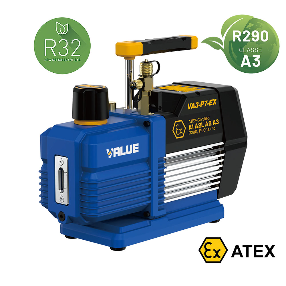 VALUE VA3-P7-EX pompa vuoto ATEX portata 198 litri/minuto, vuoto 15 micron, adatta per refrigeranti A3 (R290 e R600a), A2, A2L e A1 - doppio stadio, motore 3/4 HP - grado di vuoto 2 x10(-2) mbar - 0,02 mbar/2 Pa/15 micron - con valvola di non ritorno