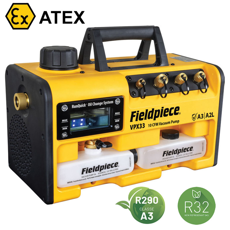 Fieldpiece USA - VP633 - pompa per vuoto ATEX adatta per refrigeranti A3-A2L-A1 - portata 170 litri/minuto (10,2 mc/ora), alta qualità, elevate prestazioni - grado di vuoto 2 x10(-2) mbar - 0,02 mbar/2 Pa/15 micron