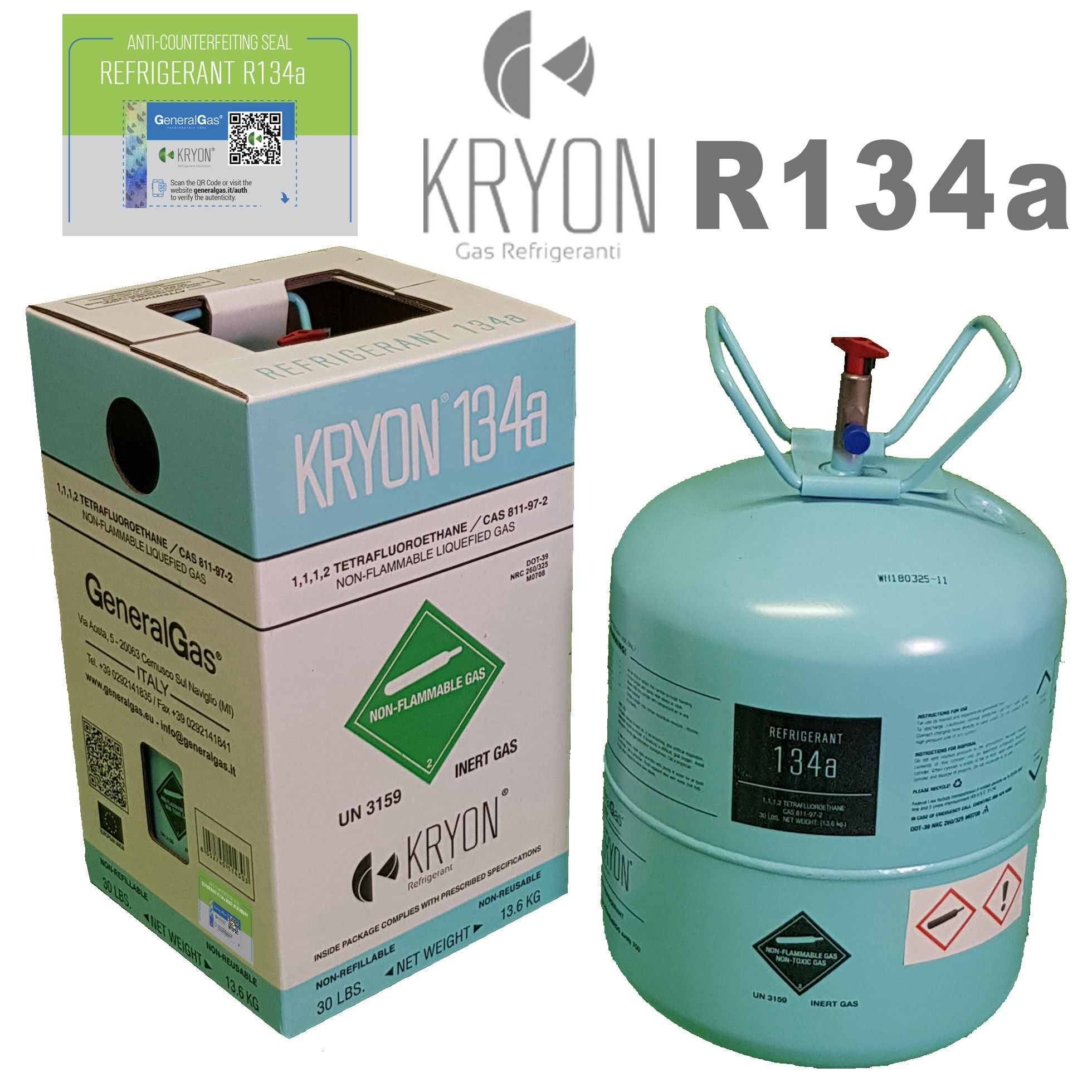 R134a Kryon® 134A in Bombola DOT39 non ricaricabile - 13,77 Lt/22 Bar -  13,6 Kg