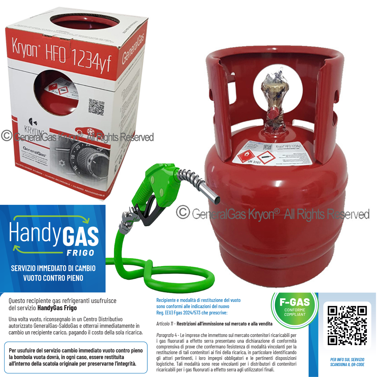 Ricarica HandyGas Frigo (scambio immediato vuoto contro pieno) Kryon® HFO 1234yf in Bombola KryoBox 6 Lt /42 Bar (5 kg di R1234yf)